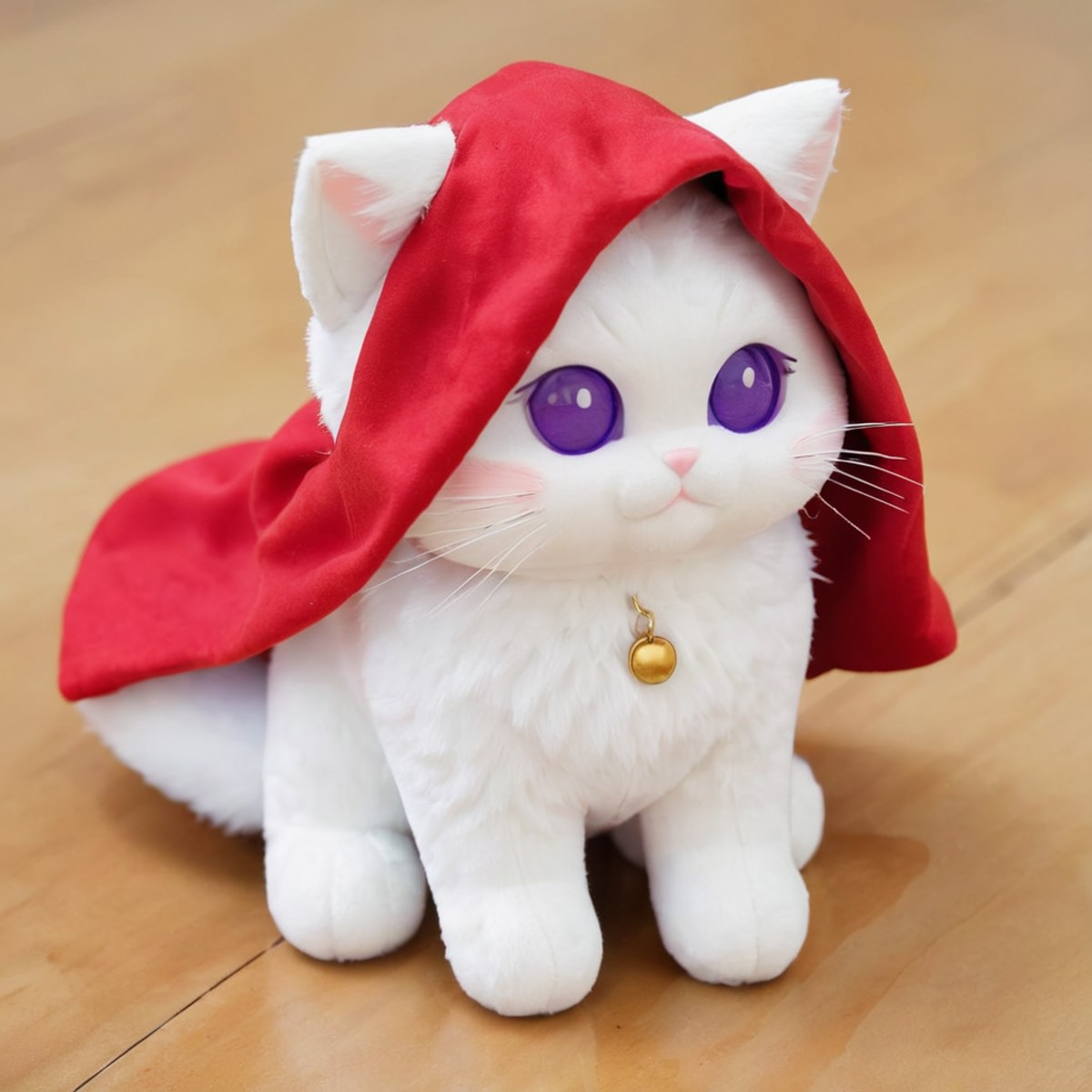 cute anime white fur cat, stuff toy like, (((purple cheek circles))), red cape